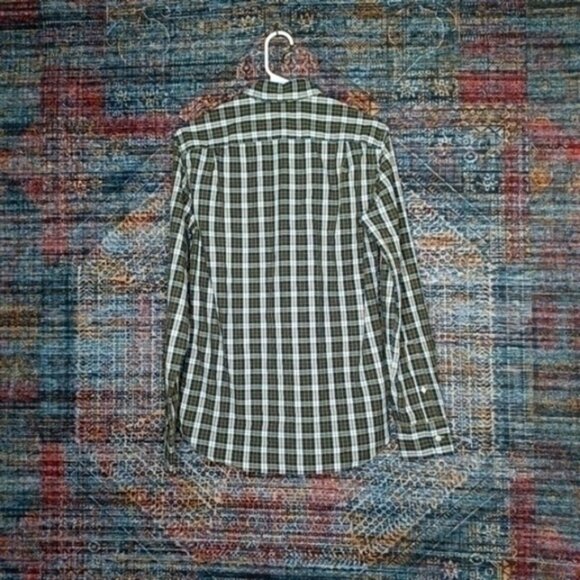 JCREW mens navy green white brown SLIM FLEX plaid button S EUC - Picture 2 of 3